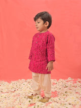 Boys Pink Bandhani Printed Rayon Kurta And Patiala Set