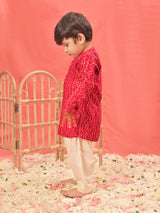 Boys Red Bandhani Printed Rayon Kurta And Patiala Set