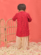 Boys Red Bandhani Printed Rayon Kurta And Patiala Set