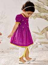Girls Purple Yellow Floral Kurta Dhoti Set