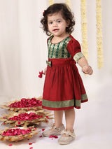 Girls Maroon And Green South Indian Style Ethnic Dress