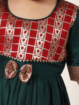 Girls Green And Maroon South Indian Style Ethnic Dress