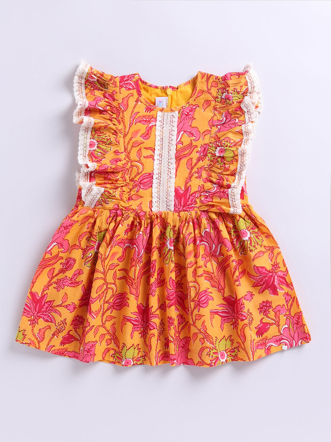 Girls Mustard Cotton Floral Printed Dress