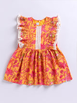 Girls Mustard Cotton Floral Printed Dress
