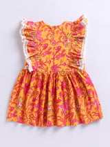 Girls Mustard Cotton Floral Printed Dress