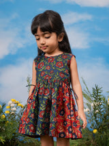 Girls Navy Cotton Sleeveless Floral Printed Dress