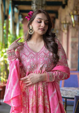 Women's Pink Floral Printed Mirror Work Anarkali Kurta With Sharara And Dupatta