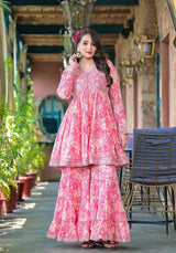 Women's Pink Floral Printed Mirror Work Anarkali Kurta With Sharara And Dupatta