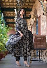 Women's Black Mandarin Collar Embellished Yoke Three Quarter Sleeves Paired With Printed Bottom And Dupatta