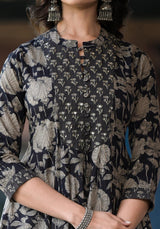Women's Black Mandarin Collar Embellished Yoke Three Quarter Sleeves Paired With Printed Bottom And Dupatta
