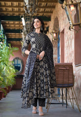 Women's Black Mandarin Collar Embellished Yoke Three Quarter Sleeves Paired With Printed Bottom And Dupatta