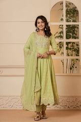 Women's Lime Green Mirror And Thread Embroidered,Gotta Embellished Scalloped Schiffli Anarkali Kurta Paired Wirh Printed Bottom And Embroidered Dupatta