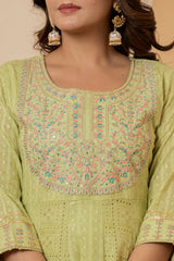 Women's Lime Green Mirror And Thread Embroidered,Gotta Embellished Scalloped Schiffli Anarkali Kurta Paired Wirh Printed Bottom And Embroidered Dupatta