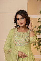 Women's Lime Green Mirror And Thread Embroidered,Gotta Embellished Scalloped Schiffli Anarkali Kurta Paired Wirh Printed Bottom And Embroidered Dupatta