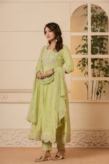 Women's Lime Green Mirror And Thread Embroidered,Gotta Embellished Scalloped Schiffli Anarkali Kurta Paired Wirh Printed Bottom And Embroidered Dupatta