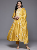 Women's Yellow Floral Thread Embroidered Anarkali Kurta Paired With Bottom And Dupatta