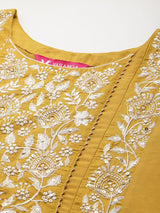 Women's Yellow Floral Thread Embroidered Anarkali Kurta Paired With Bottom And Dupatta
