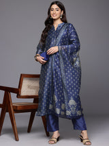 Women's Blue Floral Printed Mandarin Collar Straight Kurta Paired With Bottom & Dupatta