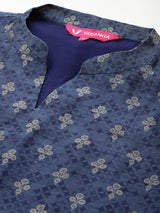 Women's Blue Floral Printed Mandarin Collar Straight Kurta Paired With Bottom & Dupatta