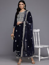 Women's Navy Blue Round Neck Thread Embroidered Kurta Paired With Bottom And Dupatta