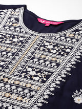 Women's Navy Blue Round Neck Thread Embroidered Kurta Paired With Bottom And Dupatta