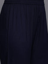 Women's Navy Blue Round Neck Thread Embroidered Kurta Paired With Bottom And Dupatta