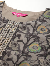 Women's Grey Floral Printed Round Neck Straight Kurta Paired With Bottom And Printed Dupatta.