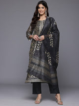 Women's Grey Floral Printed Round Neck Straight Kurta Paired With Bottom And Printed Dupatta.