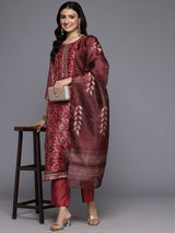 Women's Maroon Floral Printed Kurta, Round Neck Straight Kurta Paired With Tonal Bottom And Printed Dupatta