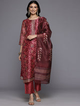 Women's Maroon Floral Printed Kurta, Round Neck Straight Kurta Paired With Tonal Bottom And Printed Dupatta