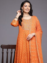 Women's Orange Mirror And Thread Embroidered, Zari Embellished Scalloped Schiffli Anarkali Kurta Paired With Printed Bottom And Embroidered Dupatta