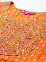Women's Orange Mirror And Thread Embroidered, Zari Embellished Scalloped Schiffli Anarkali Kurta Paired With Printed Bottom And Embroidered Dupatta