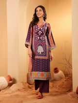 Women's Purple Ethnic Printed Gota Lace Detailed Kurta With Solid Trouser & Printed Dupatta