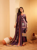 Women's Purple Ethnic Printed Gota Lace Detailed Kurta With Solid Trouser & Printed Dupatta