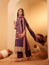 Women's Purple Ethnic Printed Gota Lace Detailed Kurta With Solid Trouser & Printed Dupatta