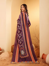 Women's Purple Ethnic Printed Gota Lace Detailed Kurta With Solid Trouser & Printed Dupatta