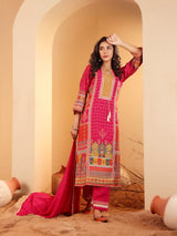 Women's Fuschia Pink Ethnic Printed Straight Kurta With Embroidered Trouser