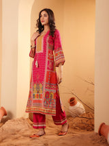 Women's Fuschia Pink Ethnic Printed Straight Kurta With Embroidered Trouser