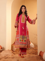 Women's Fuschia Pink Ethnic Printed Straight Kurta With Embroidered Trouser