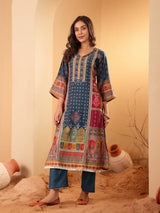 Women's Teal Blue Ethnic Printed Straight Kurta With Trouser
