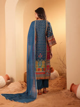 Women's Teal Blue Ethnic Printed Straight Kurta With Trouser
