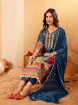Women's Teal Blue Ethnic Printed Straight Kurta With Trouser