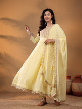 Women's Schiffli Thread Work Embroidered Anarkali Kurta With Solid Bottom & Dupatta