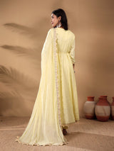 Women's Schiffli Thread Work Embroidered Anarkali Kurta With Solid Bottom & Dupatta