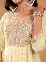 Women's Schiffli Thread Work Embroidered Anarkali Kurta With Solid Bottom & Dupatta