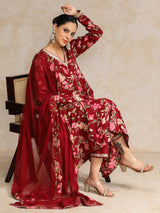 Women's Floral Printed V Neck Anarkali Kurta With Trouser & Dupatta