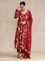 Women's Floral Printed V Neck Anarkali Kurta With Trouser & Dupatta