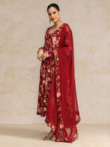Women's Floral Printed V Neck Anarkali Kurta With Trouser & Dupatta