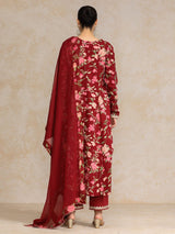 Women's Floral Printed V Neck Anarkali Kurta With Trouser & Dupatta