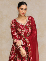 Women's Floral Printed V Neck Anarkali Kurta With Trouser & Dupatta